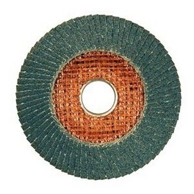 Disque abrasif à lamelles vert sur support orange, avec alésage central