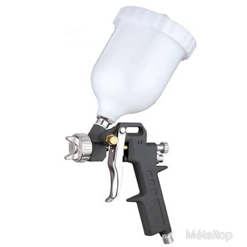 Pistolet de peinture à godet supérieur blanc, poignée et corps gris, gâchette et réglage d'air