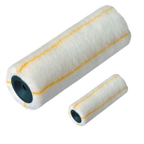 Deux rouleaux à peindre blancs rayés de jaune, de tailles différentes, avec noyau gris-bleu