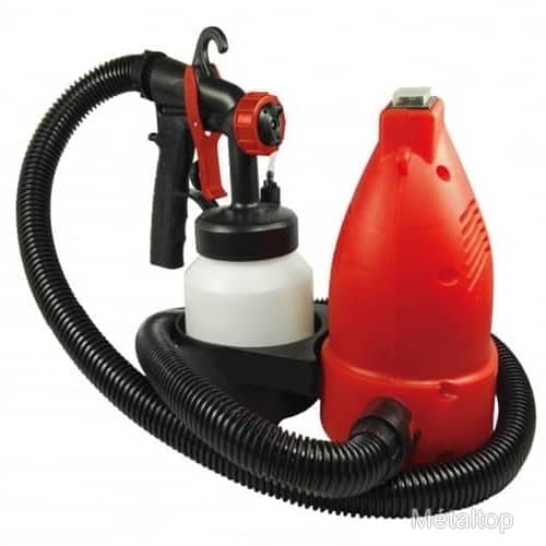 Pistolet électrique de peinture rouge et noir avec réservoir blanc et tuyau flexible