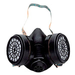 Demi-masque respiratoire noir avec deux filtres ronds et sangle de maintien