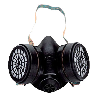 Demi-masque respiratoire noir avec deux filtres ronds et sangle de maintien
