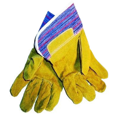 Paire de gants de travail en cuir jaune avec dos en tissu rayé bleu et rouge