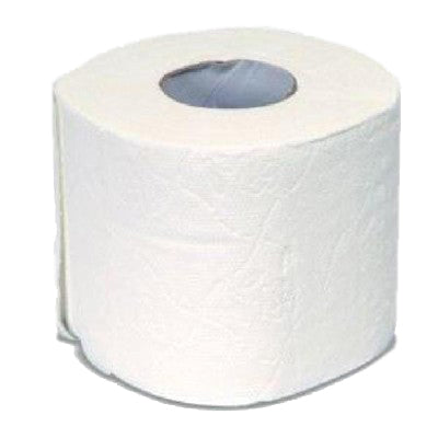 Rouleau de papier toilette blanc vu de face, avec son tube en carton central visible
