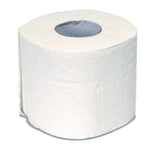 Rouleau de papier toilette blanc vu de face, avec son tube en carton central visible