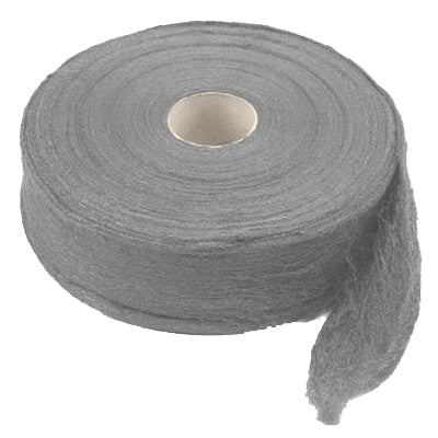 Rouleau de laine d'acier gris enroulé sur un mandrin en carton, bout pendant