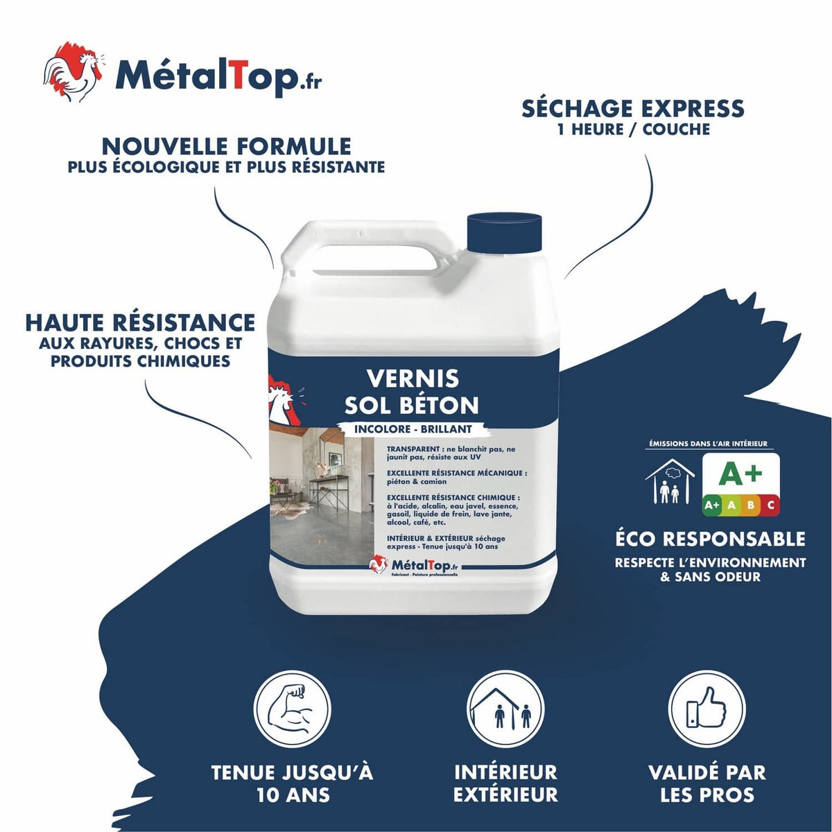 Bidon de vernis sol béton incolore brillant MétalTop, séchage express, tenue jusqu'à 10 ans