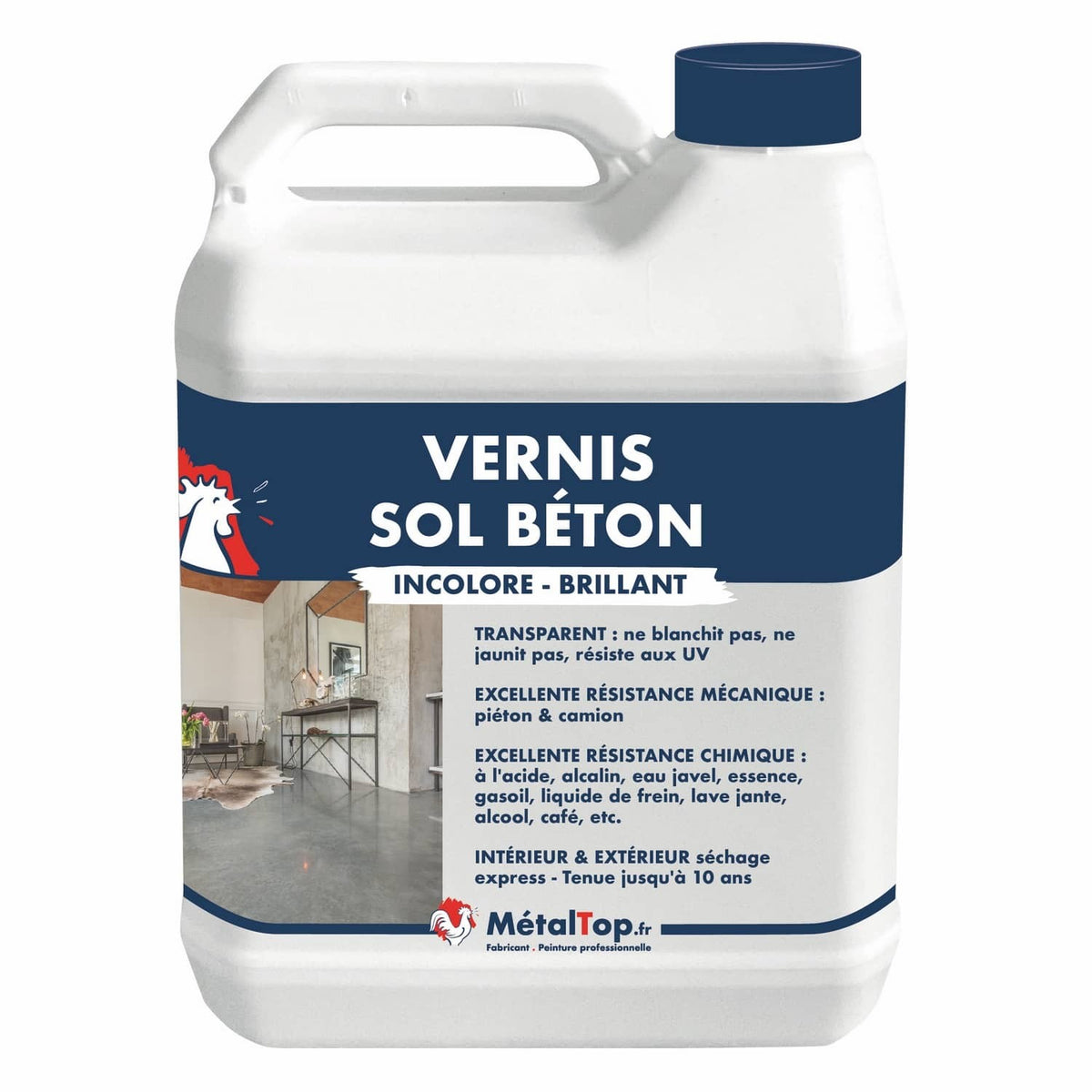 Bidon blanc de vernis sol béton incolore brillant MétalTop, avec étiquette bleue