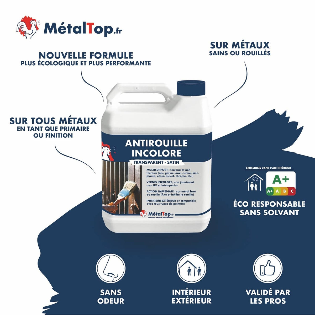 Antirouille incolore MétalTop transparent satin, sans solvant, pour métaux sains ou rouillés