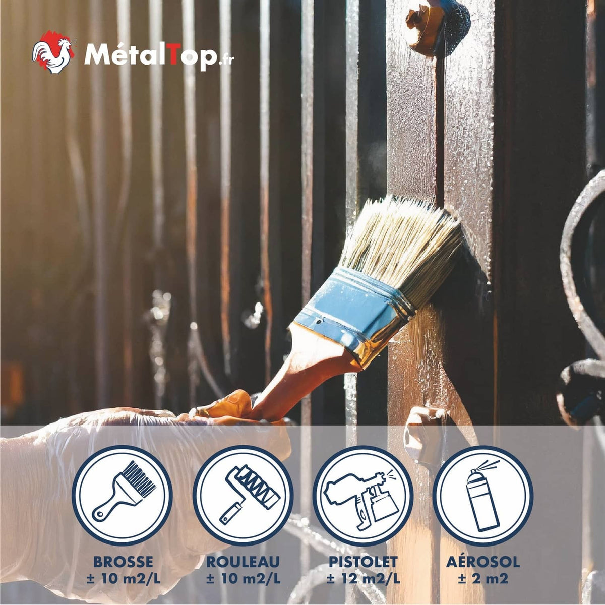 Peinture métal noire appliquée à la brosse sur une grille, rendements par outil MétalTop