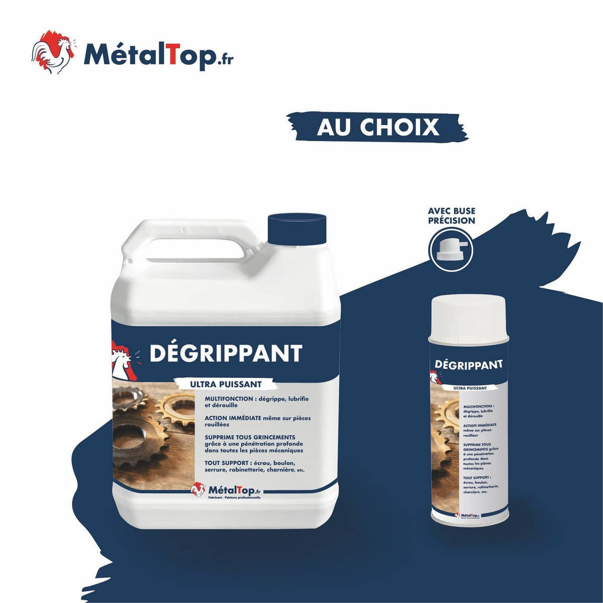 Dégrippant ultra puissant MétalTop en bidon et en aérosol avec buse précision