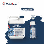 Vernis acier brut transparent satin MétalTop en bidon et en aérosol avec buse orientable