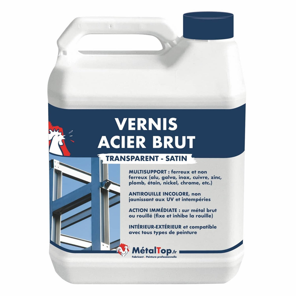 Bidon de vernis acier brut MétalTop transparent satin, antirouille incolore pour métal