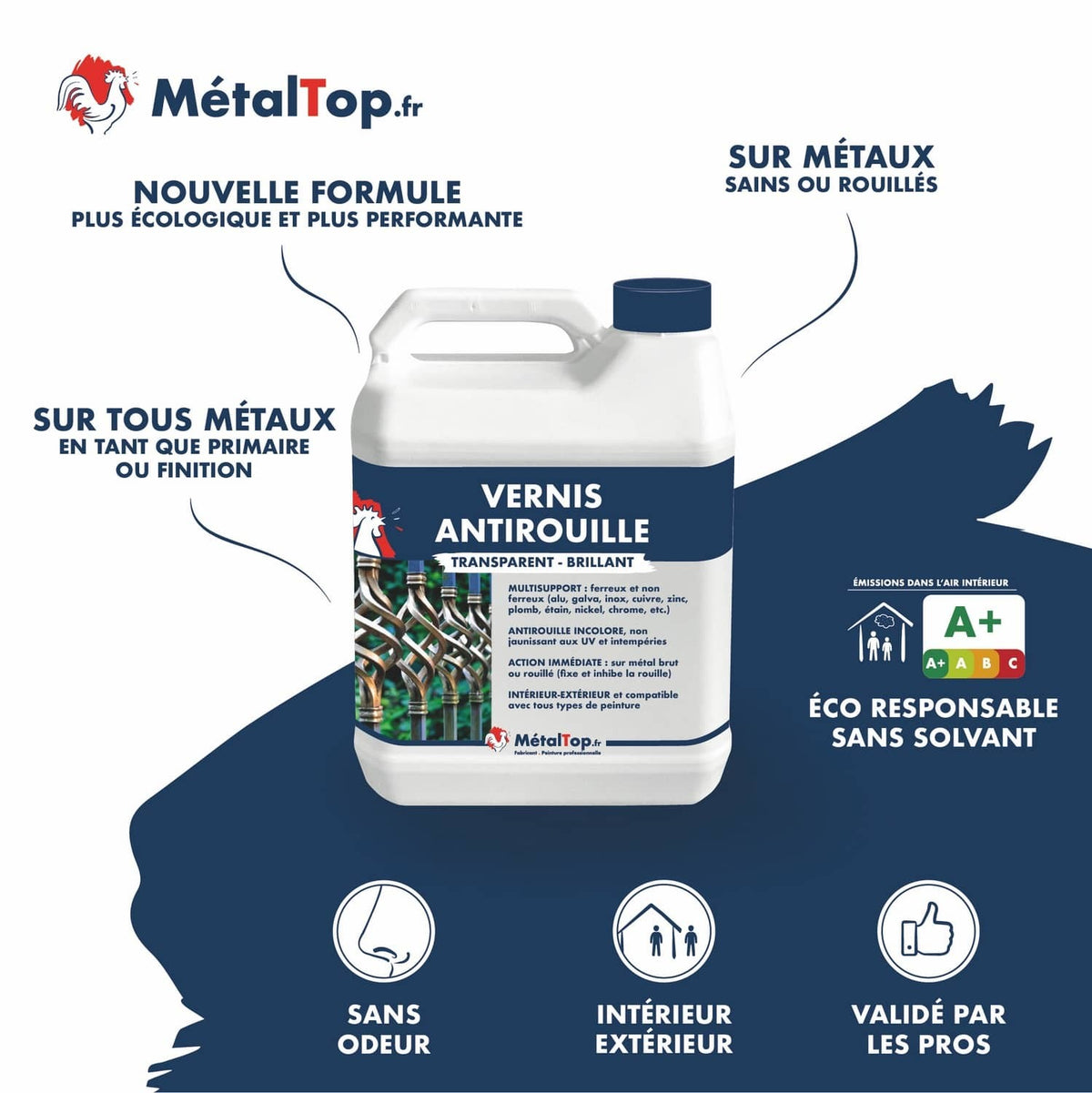 Bidon de vernis antirouille transparent MétalTop, multisupport, intérieur-extérieur, sans solvant