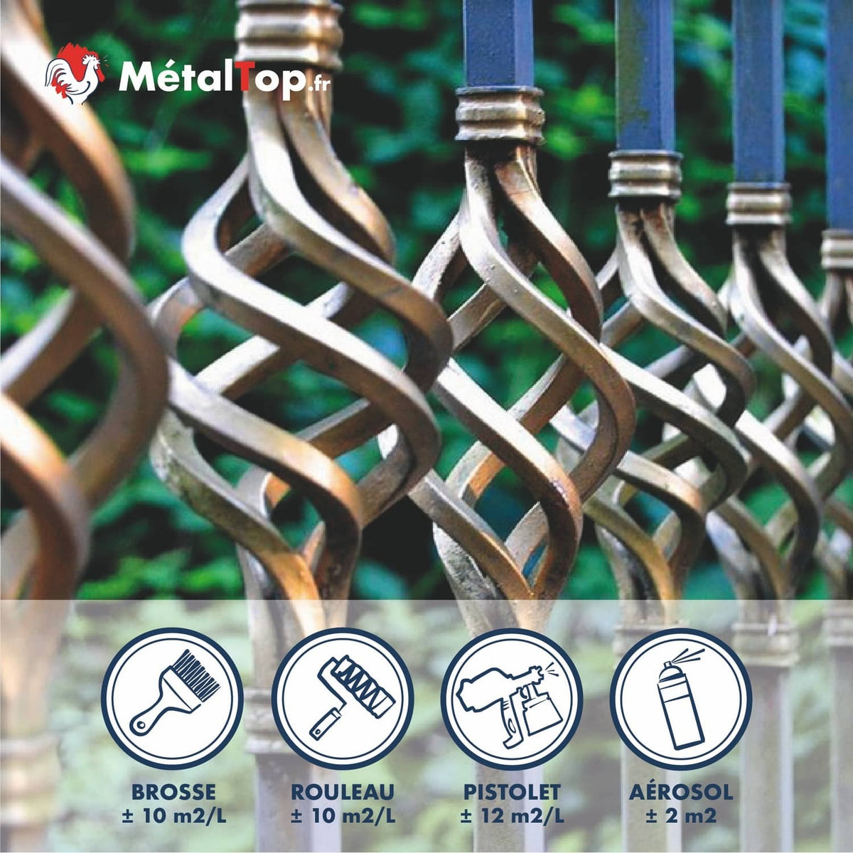 Peinture métal MétalTop : brosse, rouleau, pistolet ou aérosol pour grille en fer forgé