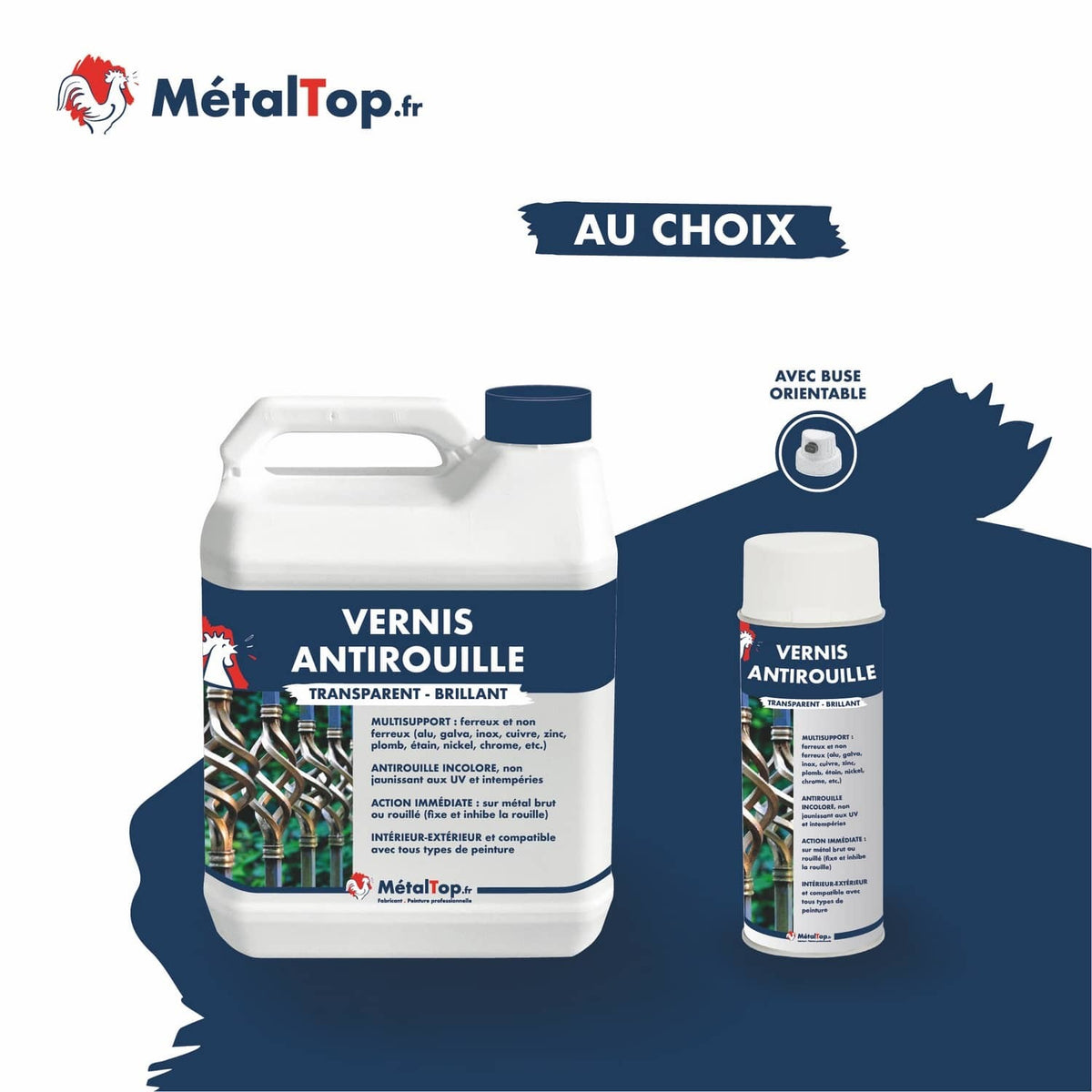 Vernis antirouille transparent brillant MétalTop en bidon et en bombe aérosol avec buse orientable