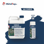 Vernis antirouille transparent brillant MétalTop en bidon et en bombe aérosol avec buse orientable