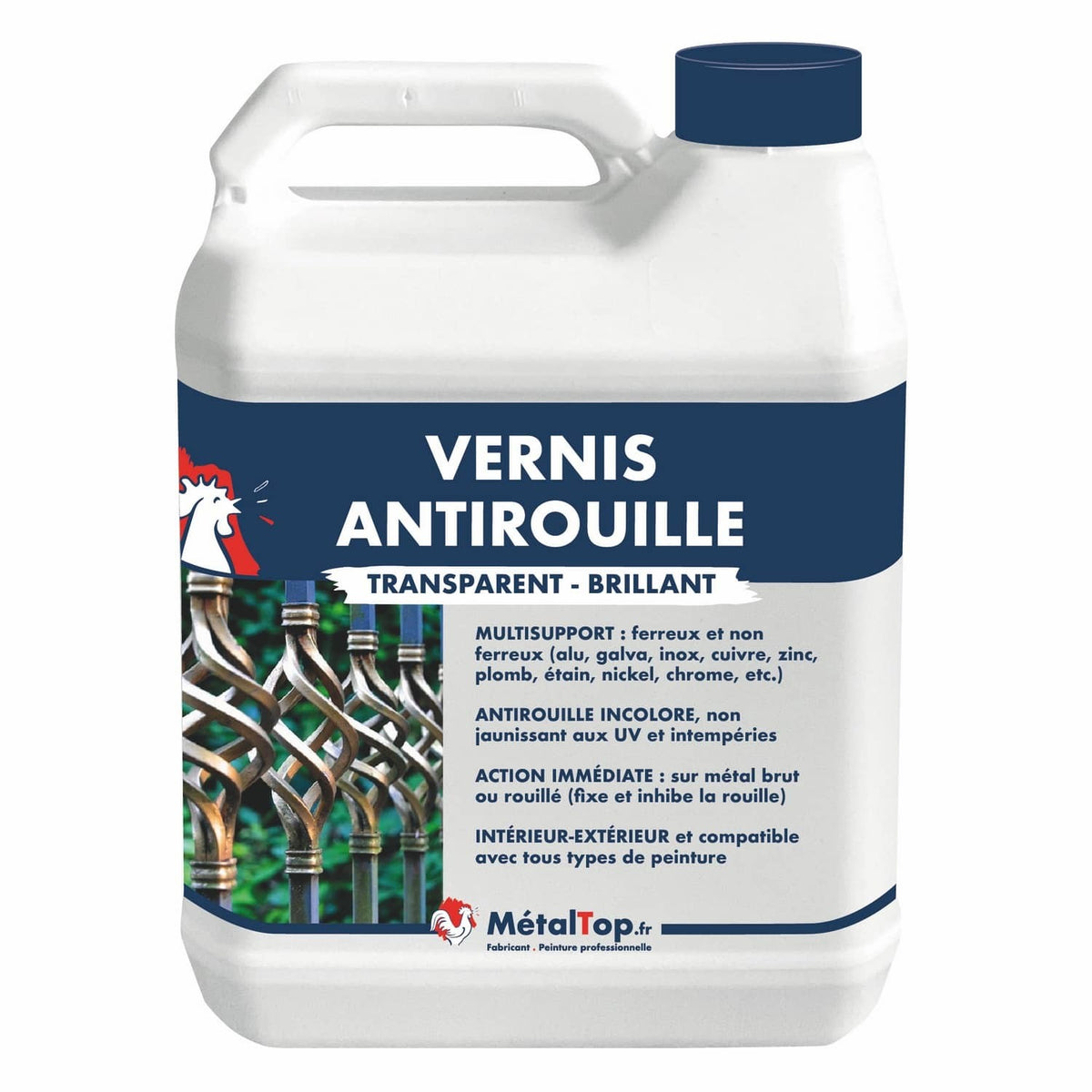 Bidon de vernis antirouille transparent brillant MétalTop, devant une grille en fer forgé