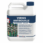Bidon de vernis antirouille transparent brillant MétalTop, devant une grille en fer forgé