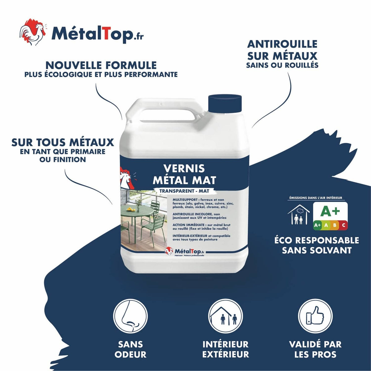 Bidon de vernis métal mat transparent MétalTop, antirouille sans solvant pour tous métaux