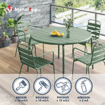 Salon de jardin en métal vert sauge : table ronde et quatre chaises avec accoudoirs