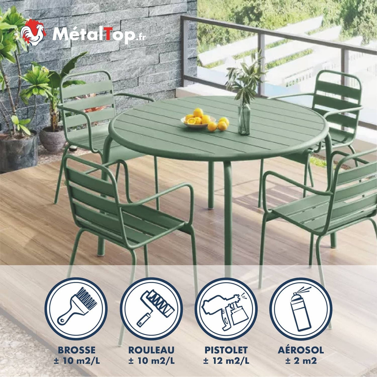 Salon de jardin en métal vert sauge : table ronde et quatre chaises avec accoudoirs