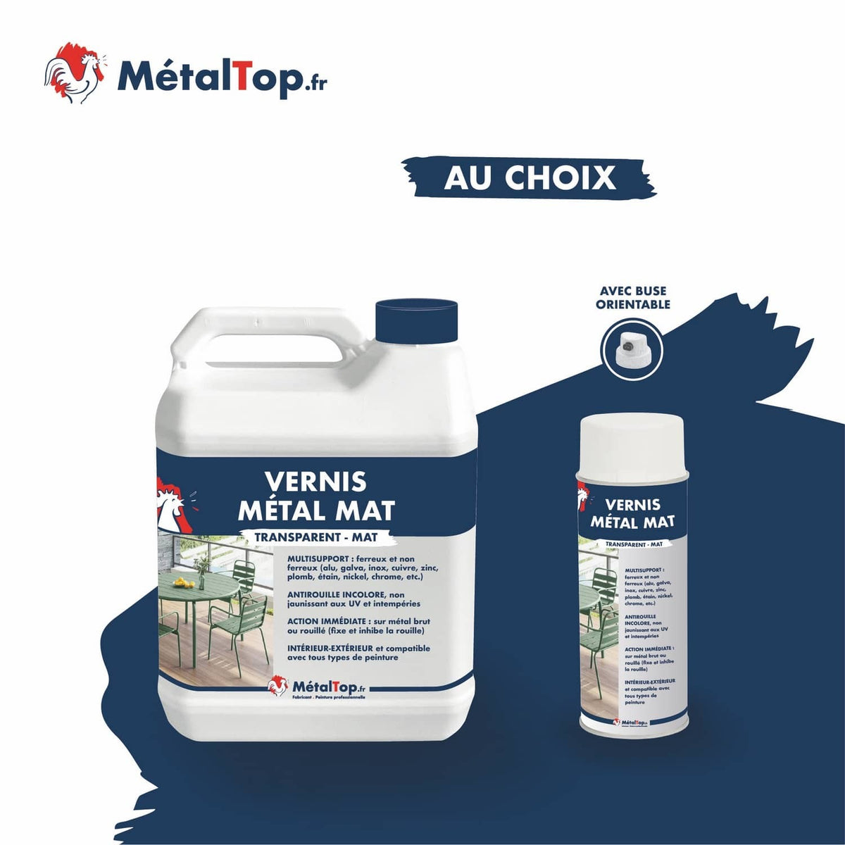 Vernis métal mat transparent MétalTop en bidon et en aérosol avec buse orientable