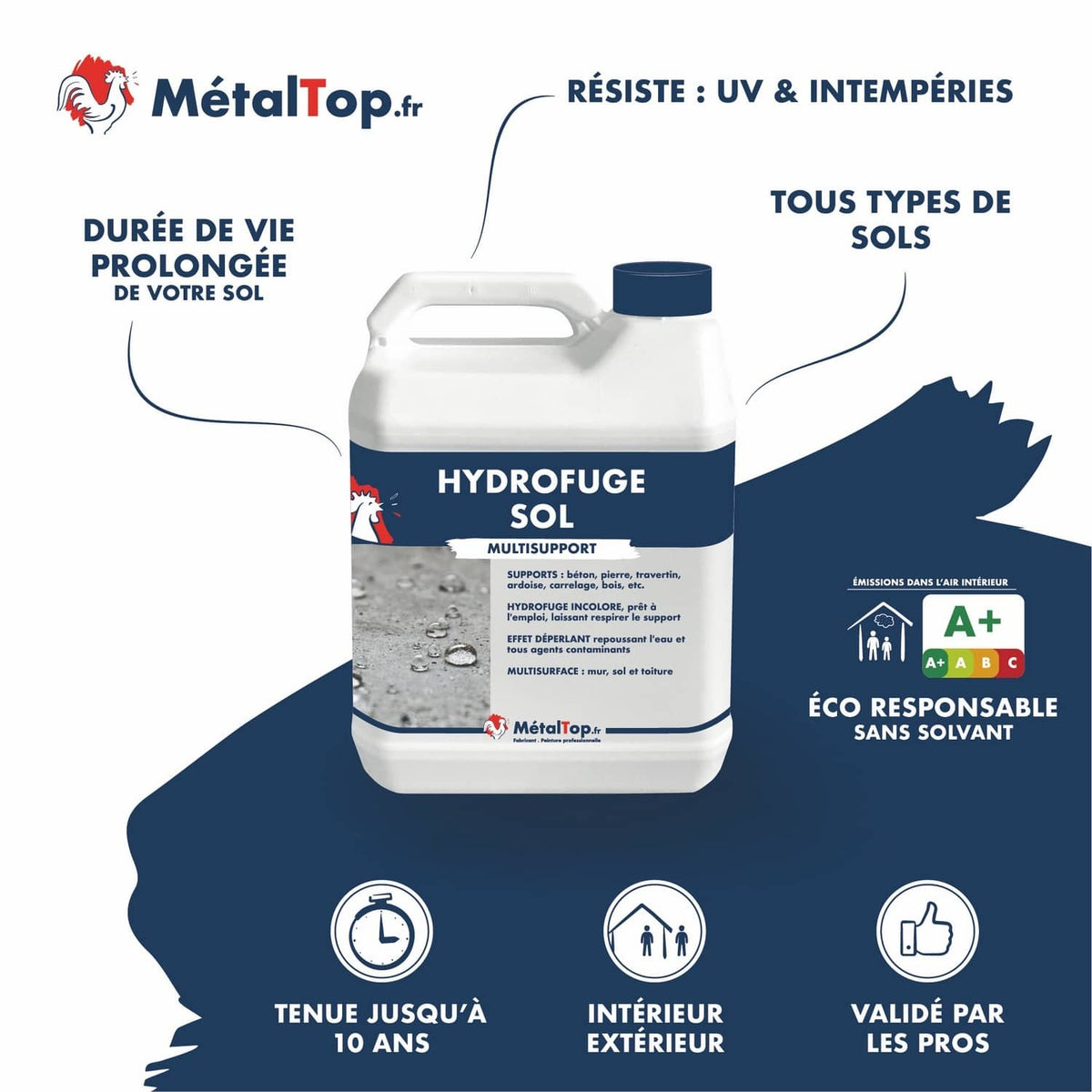 Bidon Hydrofuge Sol MétalTop multisupport incolore pour béton, pierre, carrelage et bois