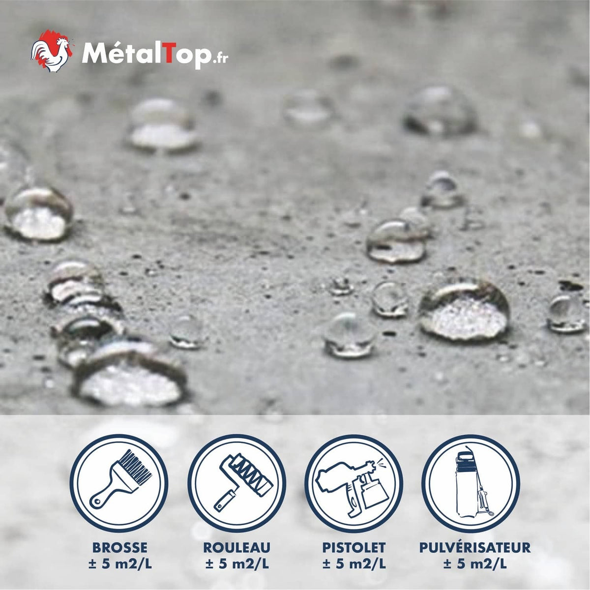 Gouttes d'eau sur surface grise, icônes d'application brosse, rouleau, pistolet et pulvérisateur