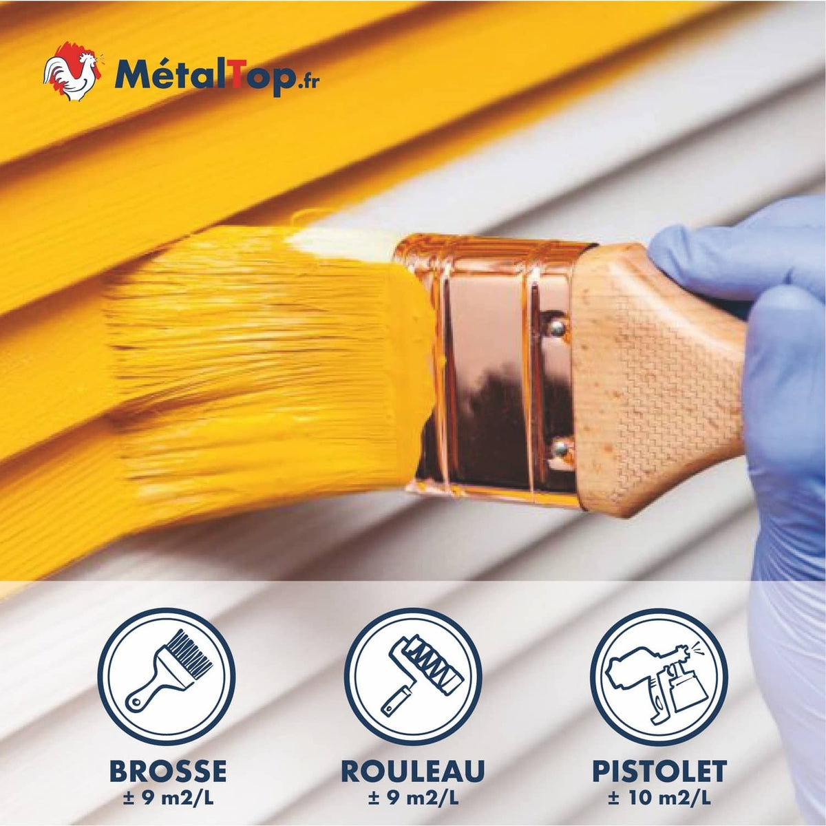 Application de peinture jaune au pinceau sur une tôle blanche, icônes brosse, rouleau et pistolet