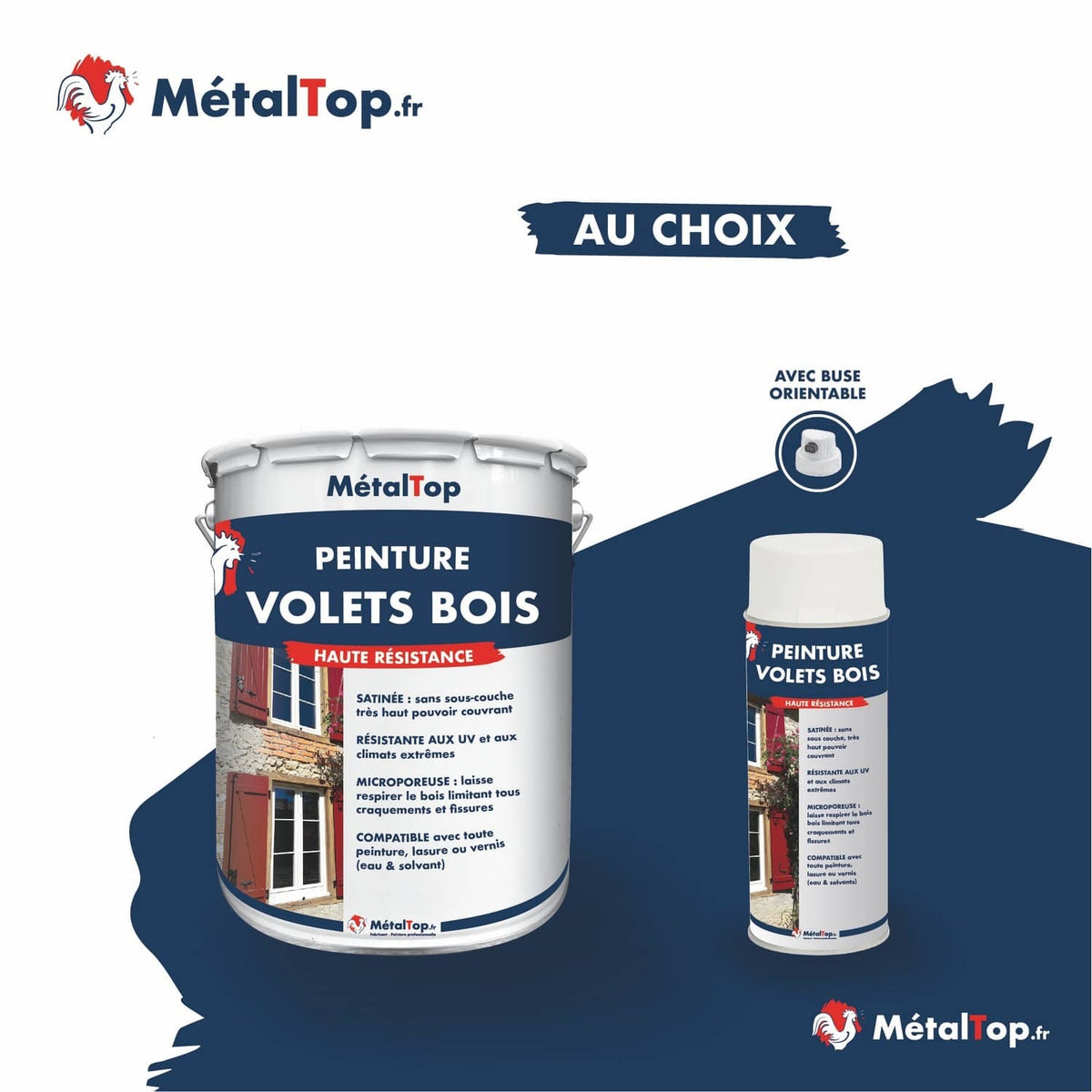 Pot et bombe aérosol de peinture volets bois MétalTop haute résistance, avec buse orientable
