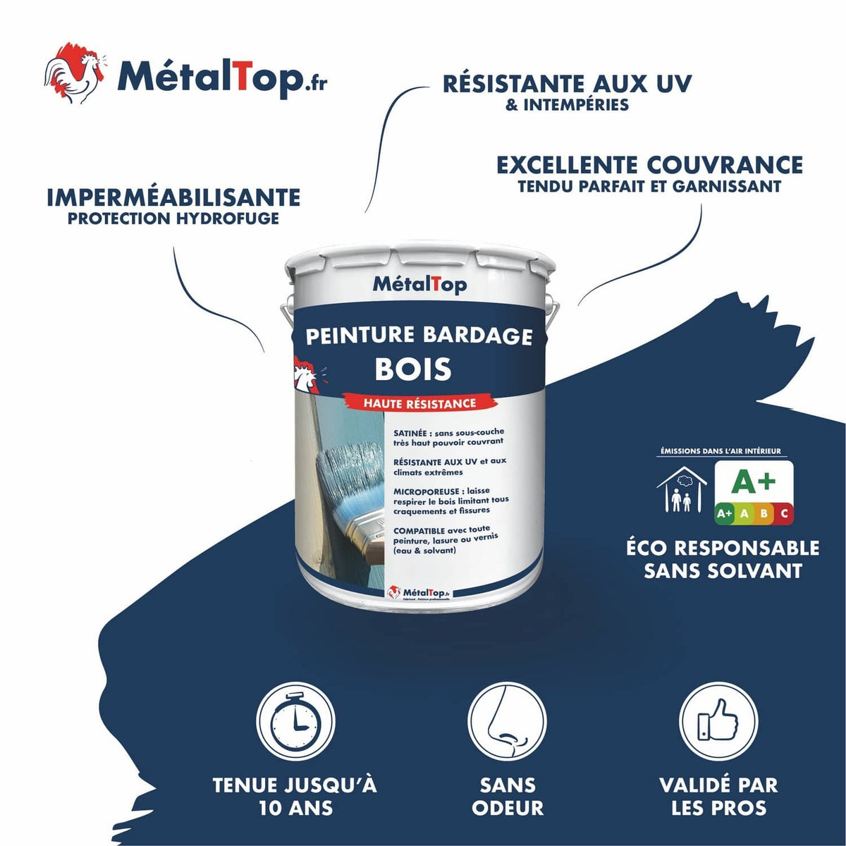 Pot de peinture bardage bois MétalTop haute résistance, à étiquette bleu marine
