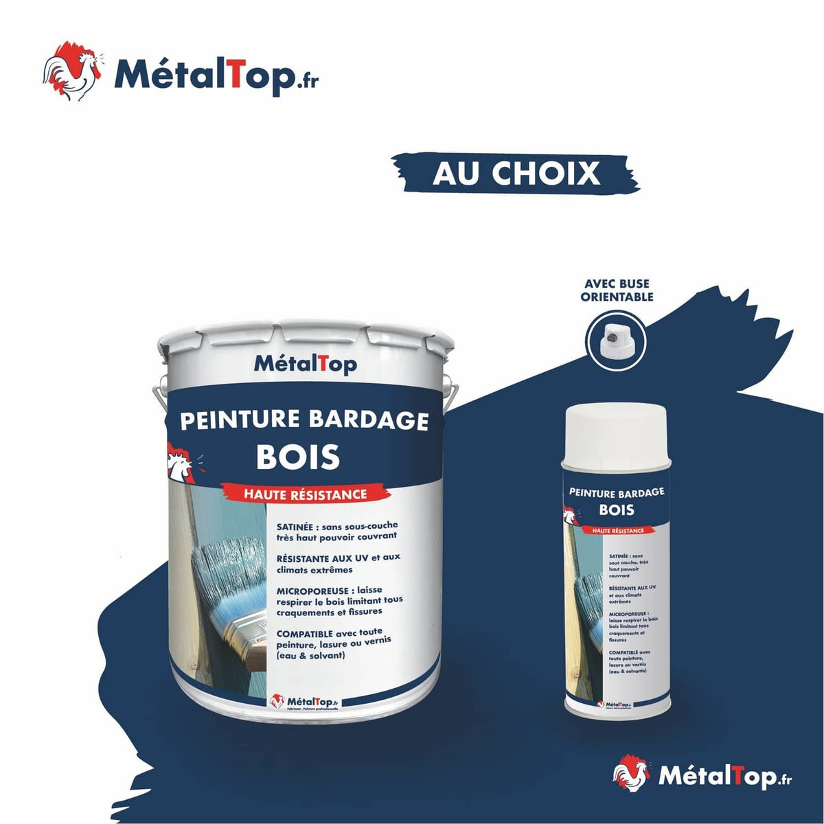 Pot de peinture bardage bois MétalTop bleu marine et aérosol assorti, haute résistance