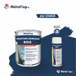 Pot de peinture bardage bois MétalTop bleu marine et aérosol assorti, haute résistance