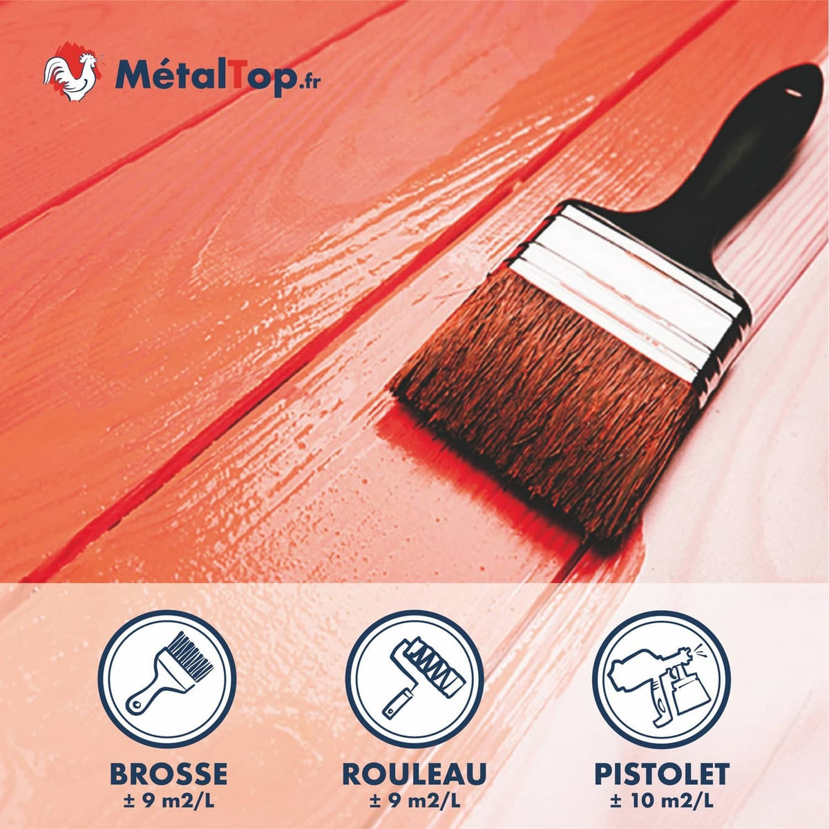 Application au pinceau d'une peinture rouge sur des lames de bois, rendement 9 à 10 m²/L