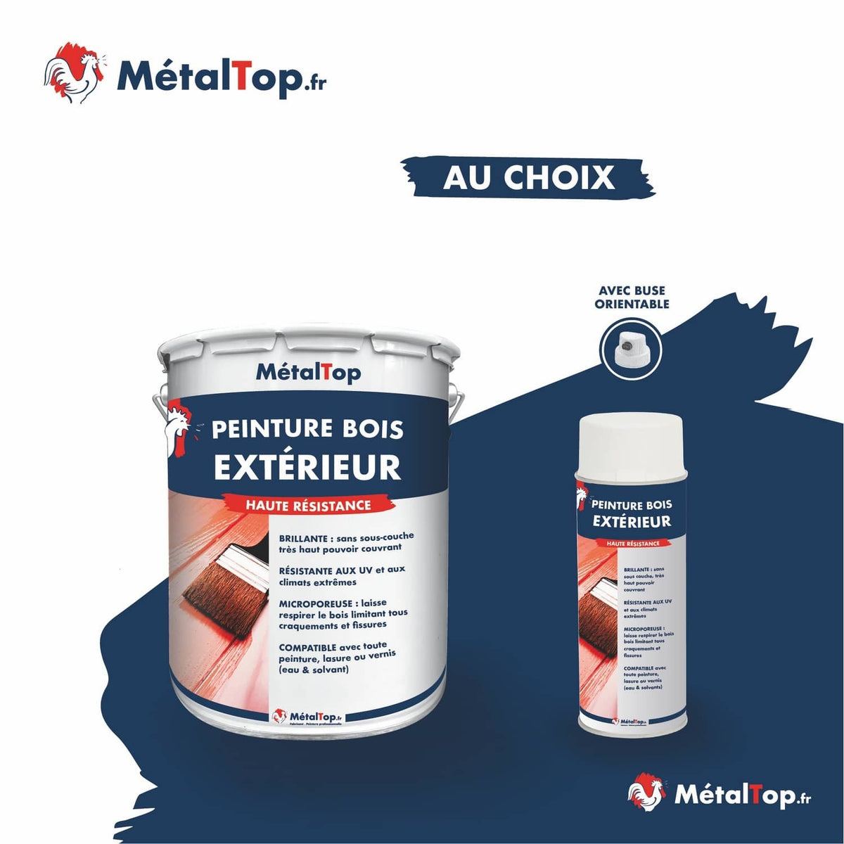 Pot et bombe aérosol de peinture bois extérieur MétalTop bleu marine haute résistance