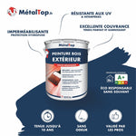 Pot de peinture bois extérieur MétalTop haute résistance, sur fond bleu marine