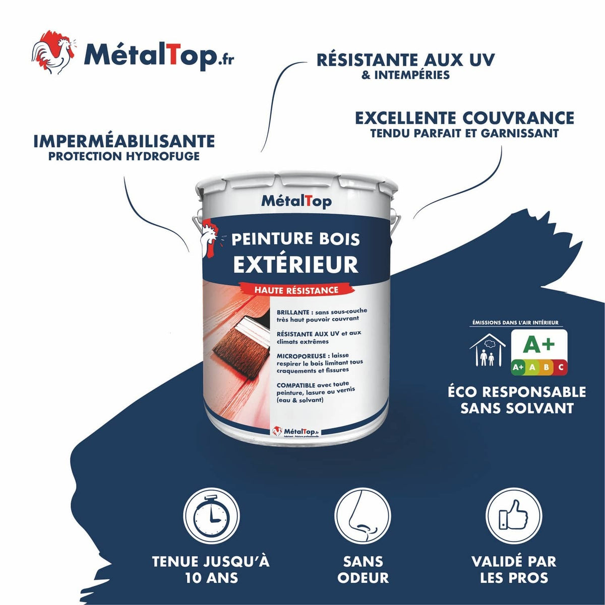Pot de peinture bois extérieur MétalTop haute résistance, sur fond bleu marine