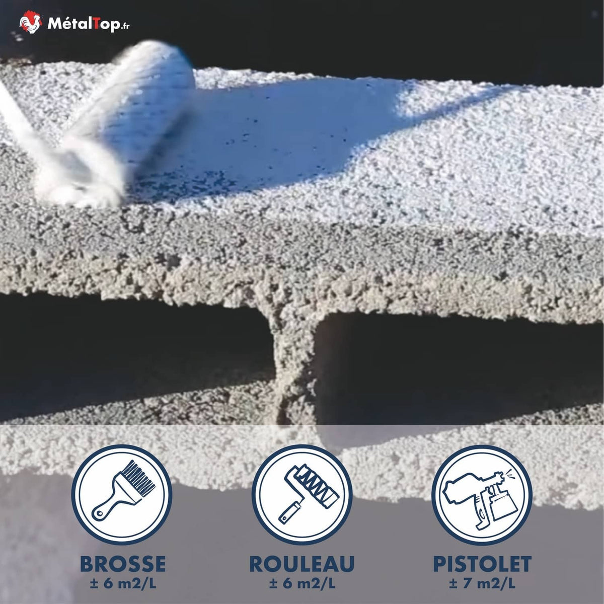 Peinture MétalTop appliquée au rouleau, avec rendements au m²/L pour brosse, rouleau et pistolet