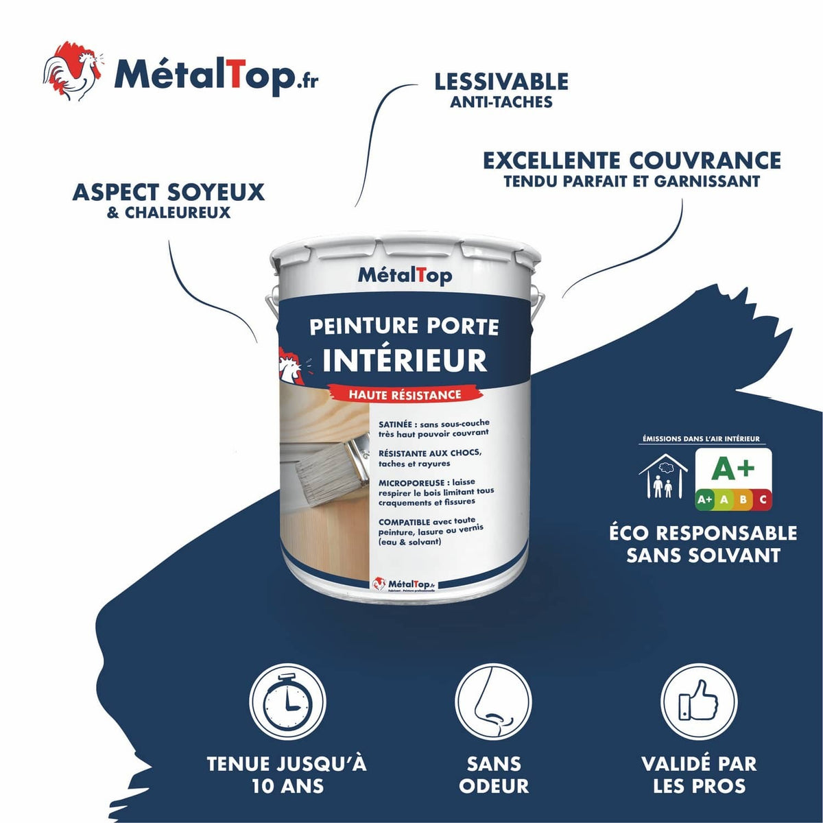 Pot de peinture porte intérieur MétalTop satinée, haute résistance, lessivable, sans solvant