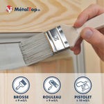 Peinture grise appliquée au pinceau sur bois, rendements brosse, rouleau et pistolet MétalTop