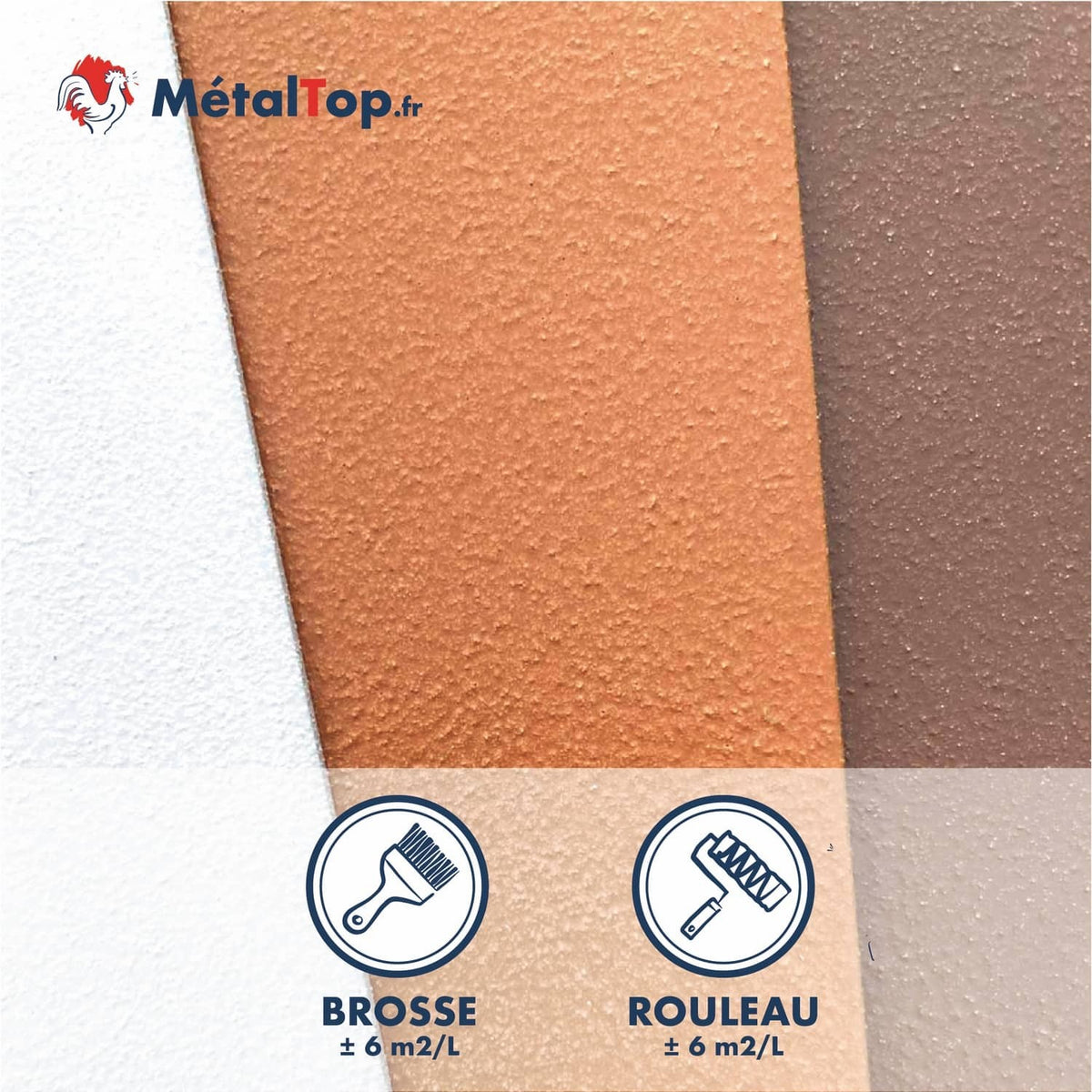 Peinture texturée MétalTop orange et marron, rendement ±6 m²/L à la brosse ou au rouleau