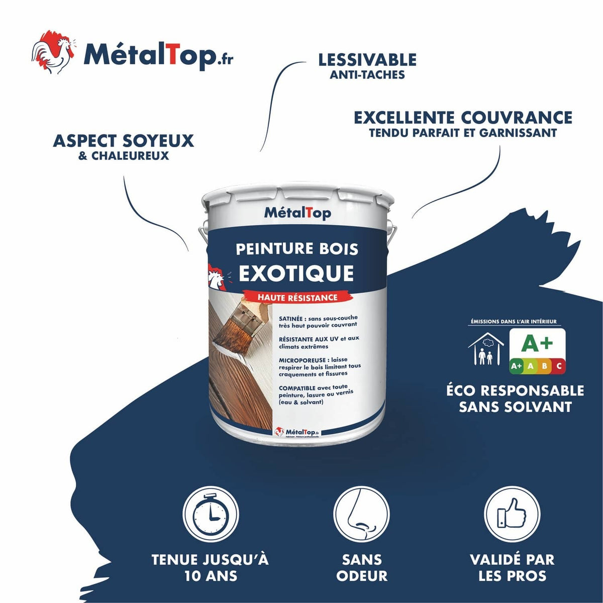 Pot de peinture MétalTop Bois Exotique satinée, haute résistance, avec pinceau sur planche en bois