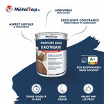 Pot de peinture MétalTop Bois Exotique satinée, haute résistance, avec pinceau sur planche en bois