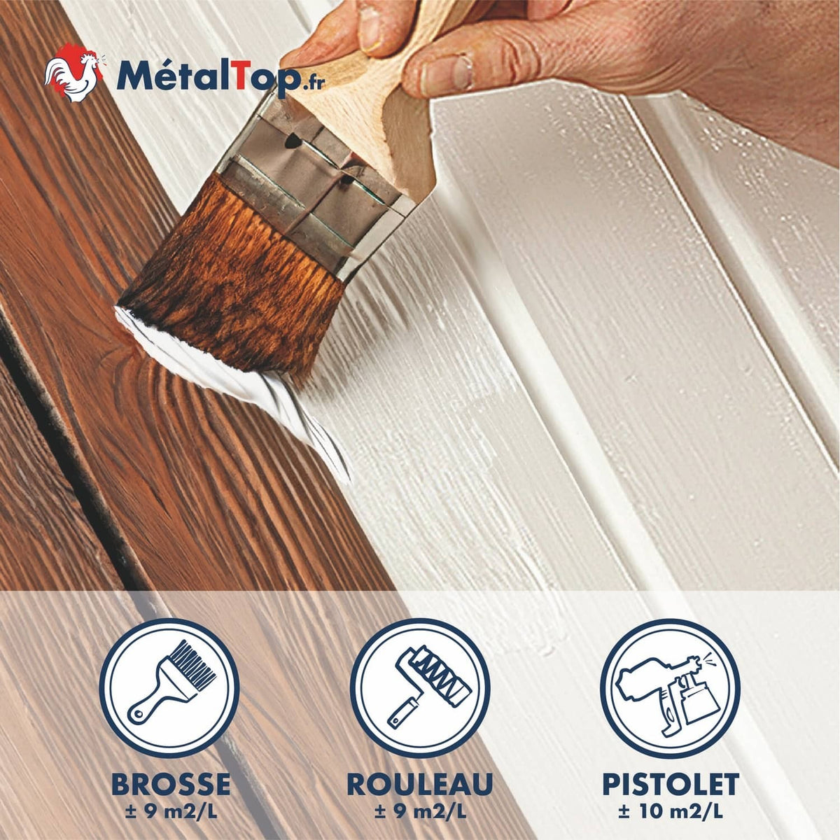 Peinture blanche au pinceau sur bois brun – rendements brosse, rouleau et pistolet MétalTop