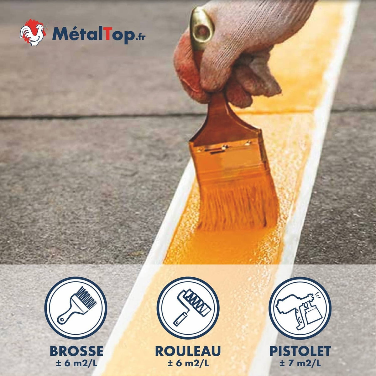 Peinture orange appliquée à la brosse sur une bande blanche au sol, rendements par outil
