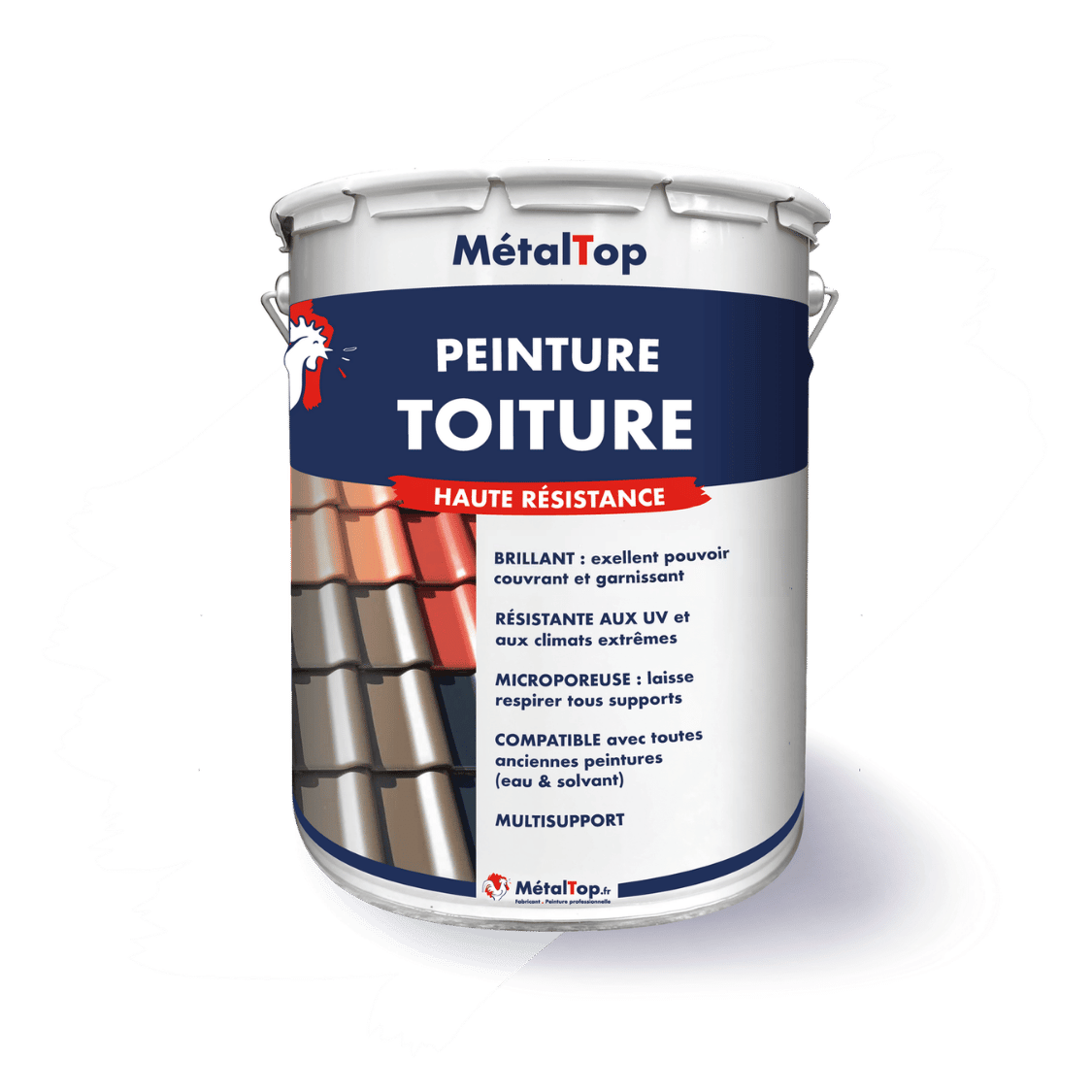 Pot de peinture toiture MétalTop haute résistance, avec illustration de tuiles rouges et grises