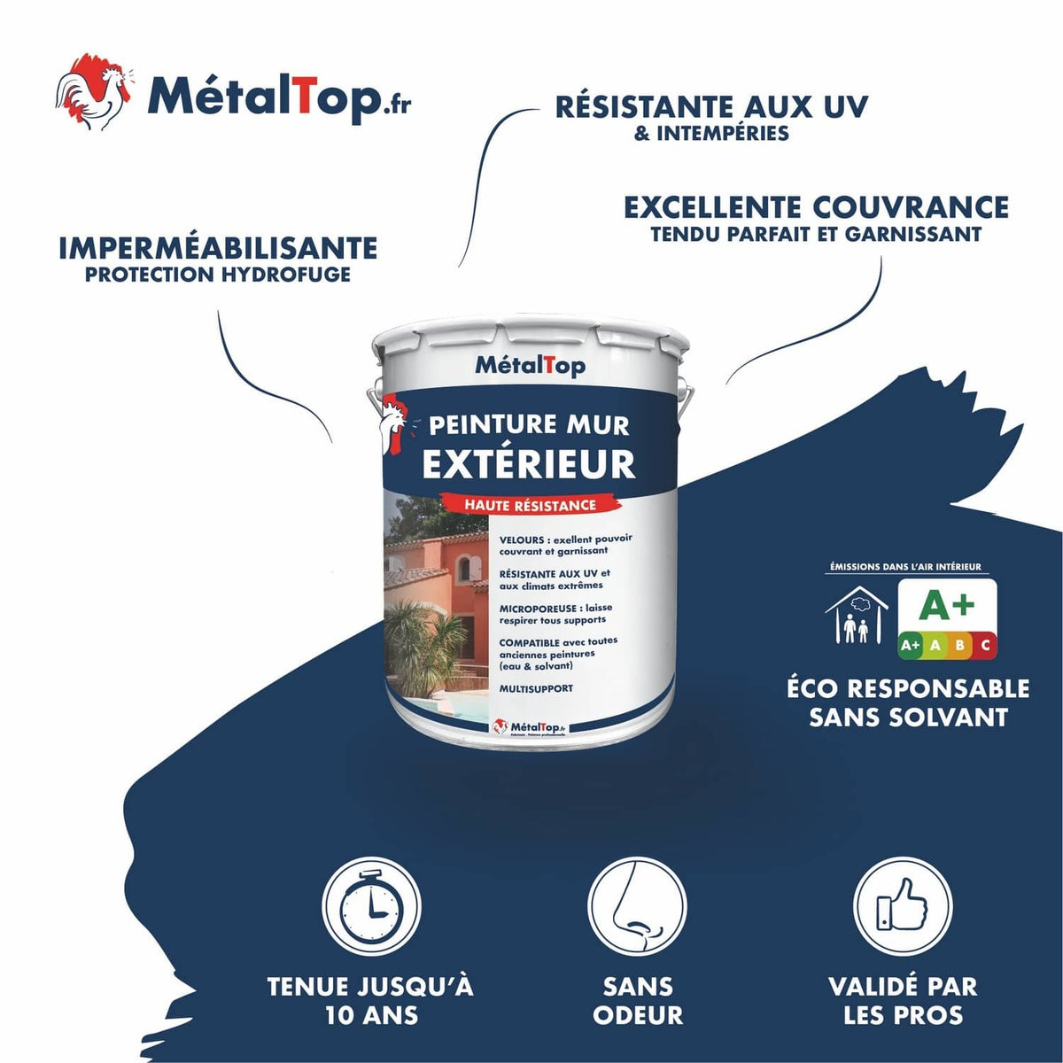 Pot de peinture MétalTop pour mur extérieur haute résistance, anti-UV, tenue jusqu'à 10 ans