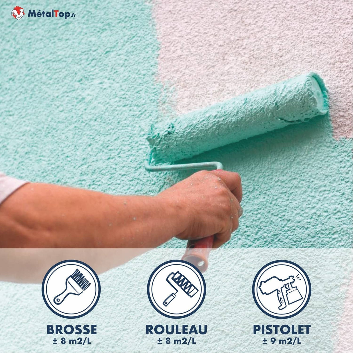 Peinture turquoise au rouleau sur mur texturé, rendements brosse, rouleau et pistolet