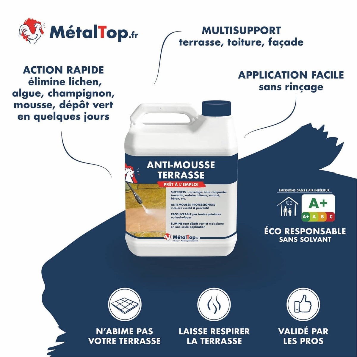Bidon Anti-mousse terrasse MétalTop prêt à l'emploi, sans solvant, pour terrasse, toiture et façade